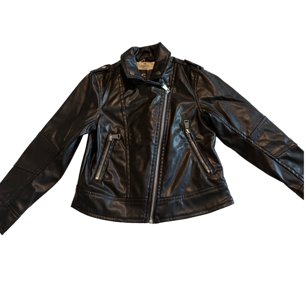 H&M Biker Jacket Kids Size 6x Black Faux Leather Moto